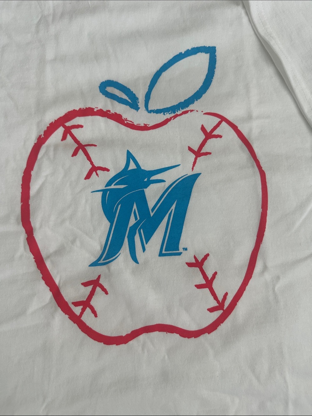 New Miami Marlins Teacher Tee with Red & Blue Apple Design - Sz. XL